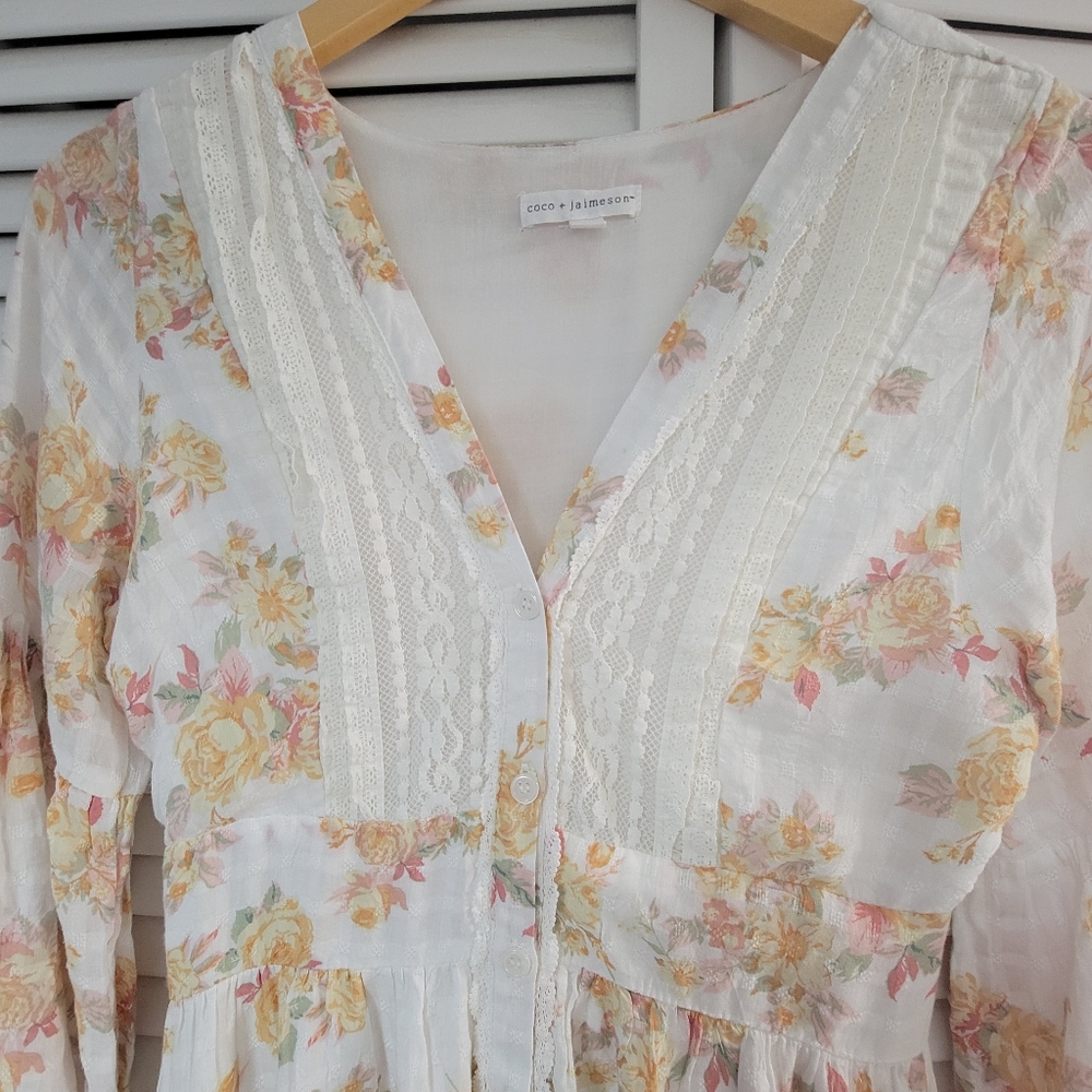 Boho Floral Maxi Dress - White with Yellow & Pink Floral - Picture 2 of 9
